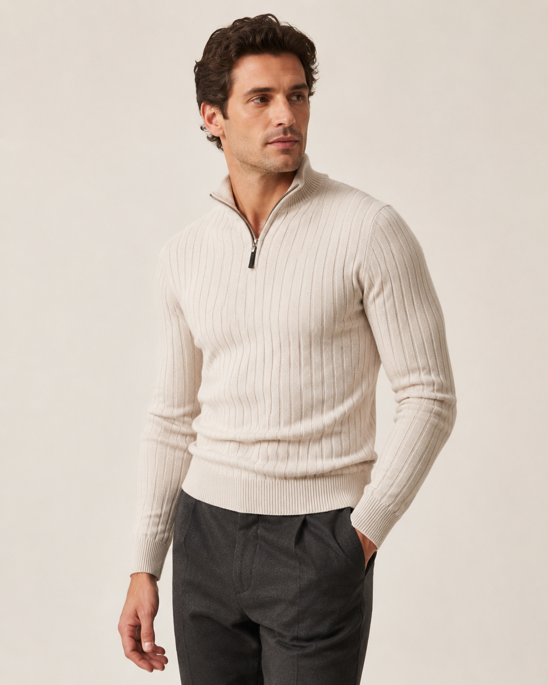 Pull homme col zippé en maille côtelée