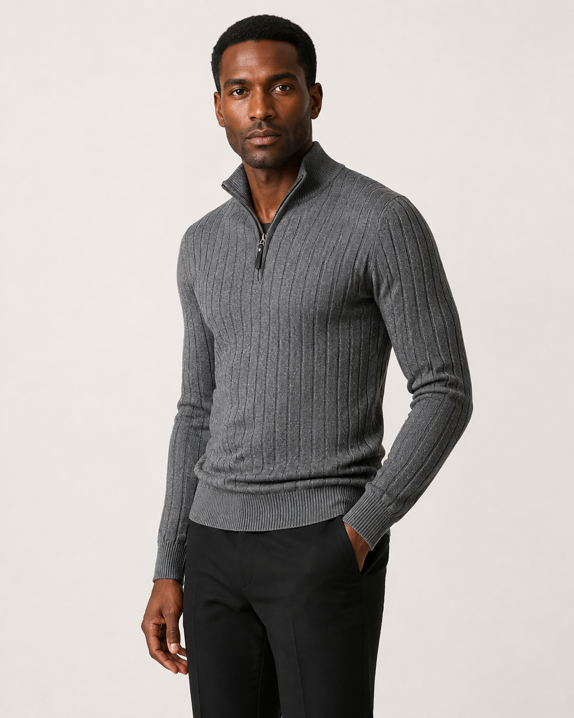 Pull homme col zippé en maille côtelée