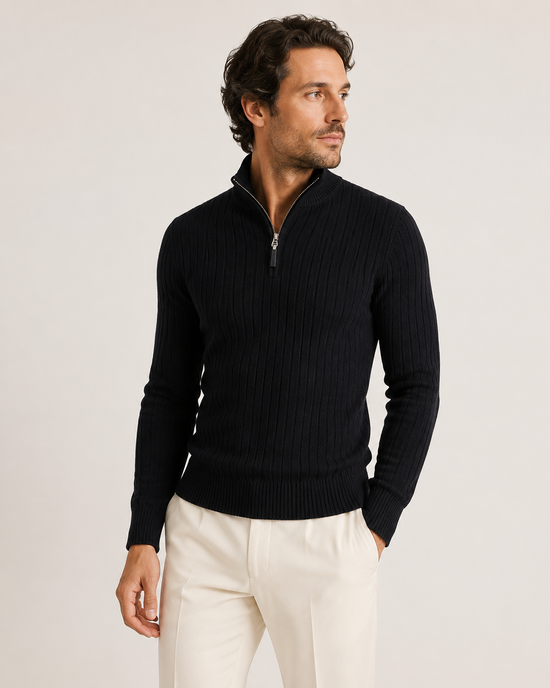 Pull homme col zippé en maille côtelée