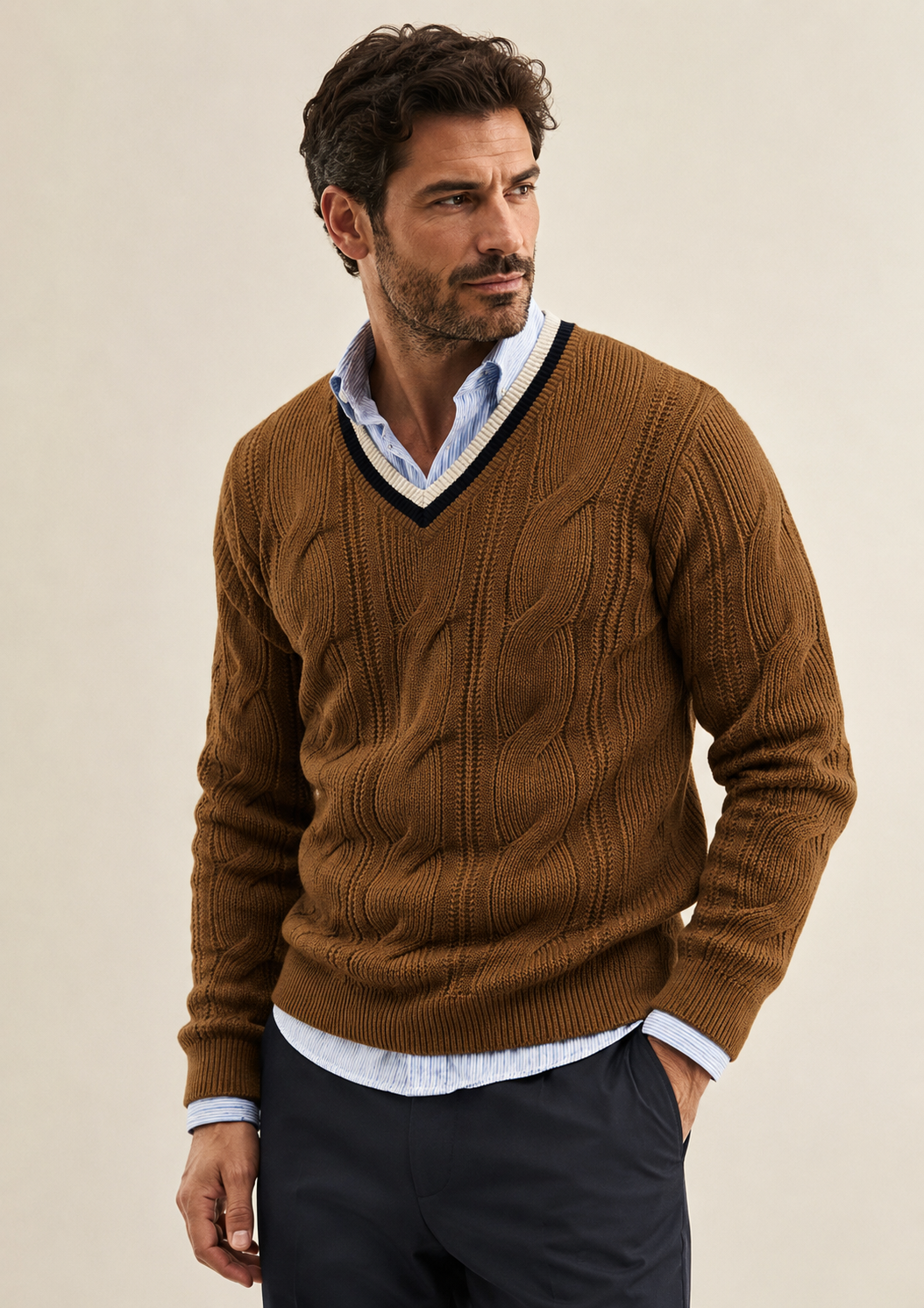 Pull homme col V en maille torsadée à liseré contrasté