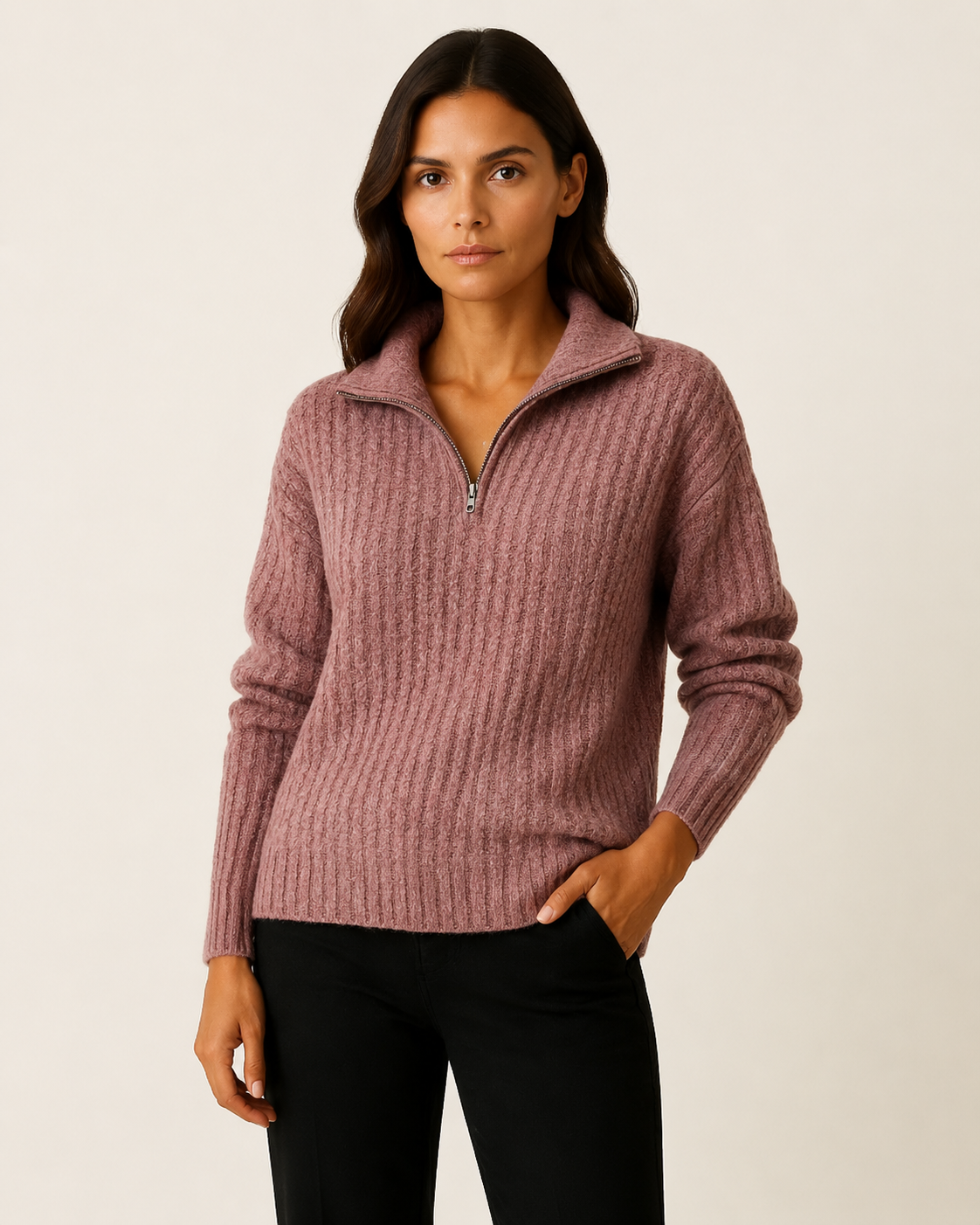 Pull femme col zippé en maille côtelée