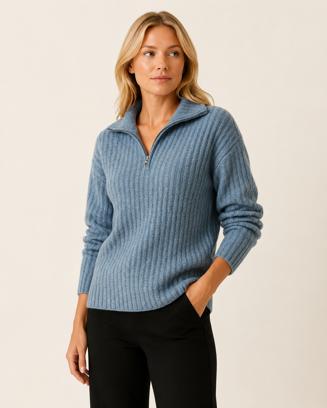 Pull femme col zippé en maille côtelée
