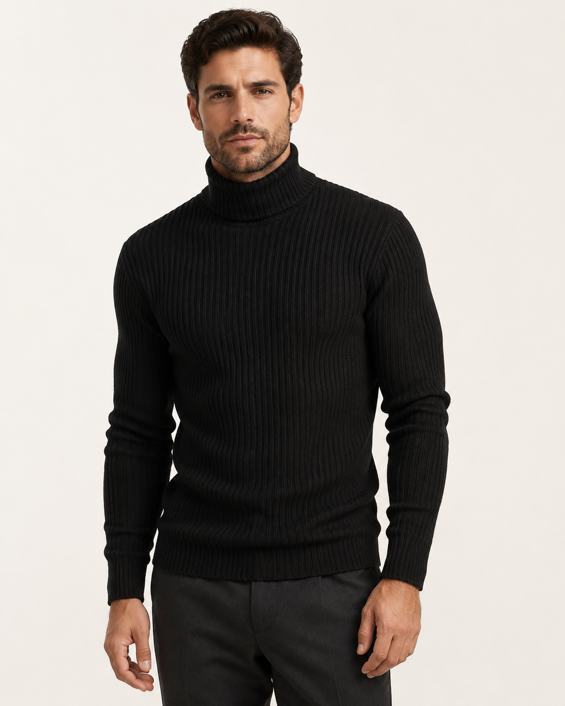 Pull homme col roulé en maille côtelée