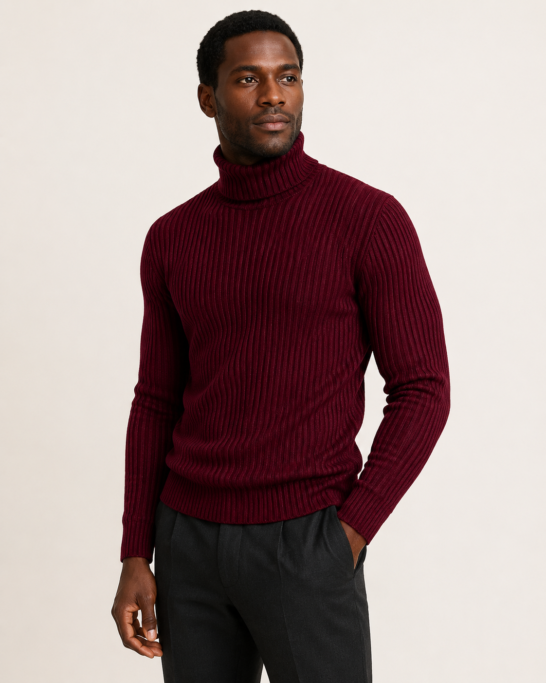 Pull homme col roulé en maille côtelée