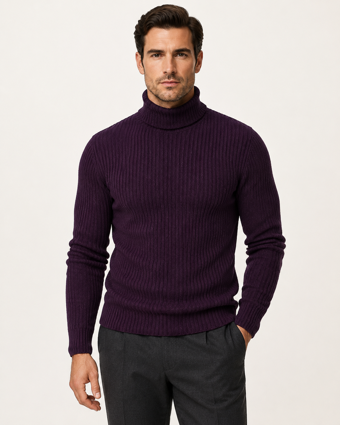 Pull homme col roulé en maille côtelée
