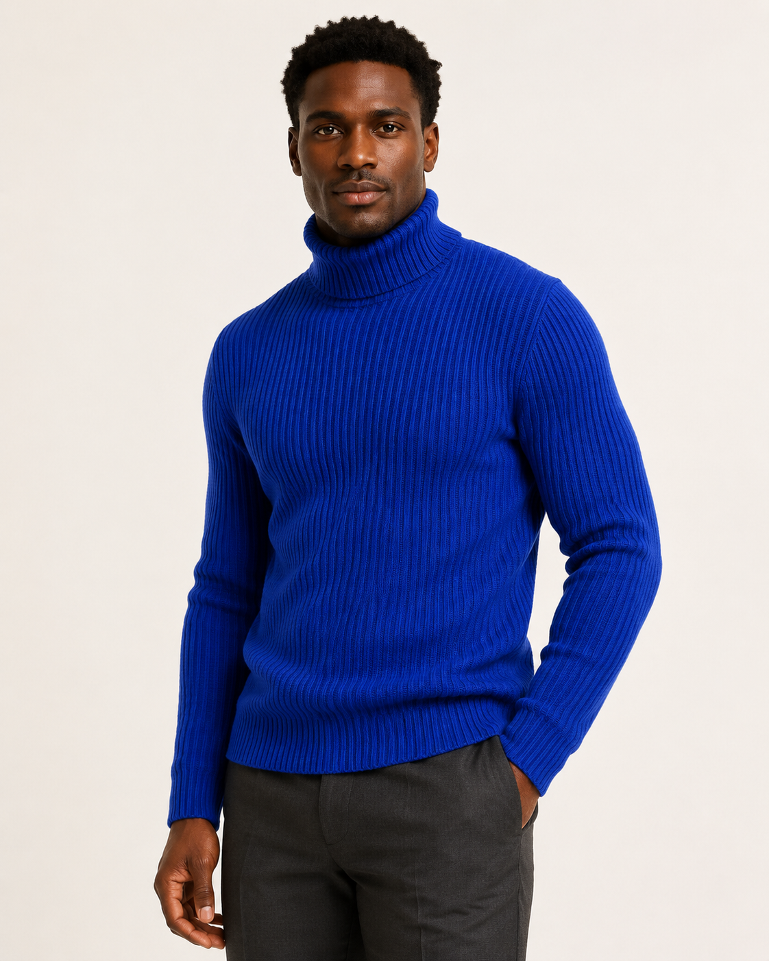 Pull homme col roulé en maille côtelée