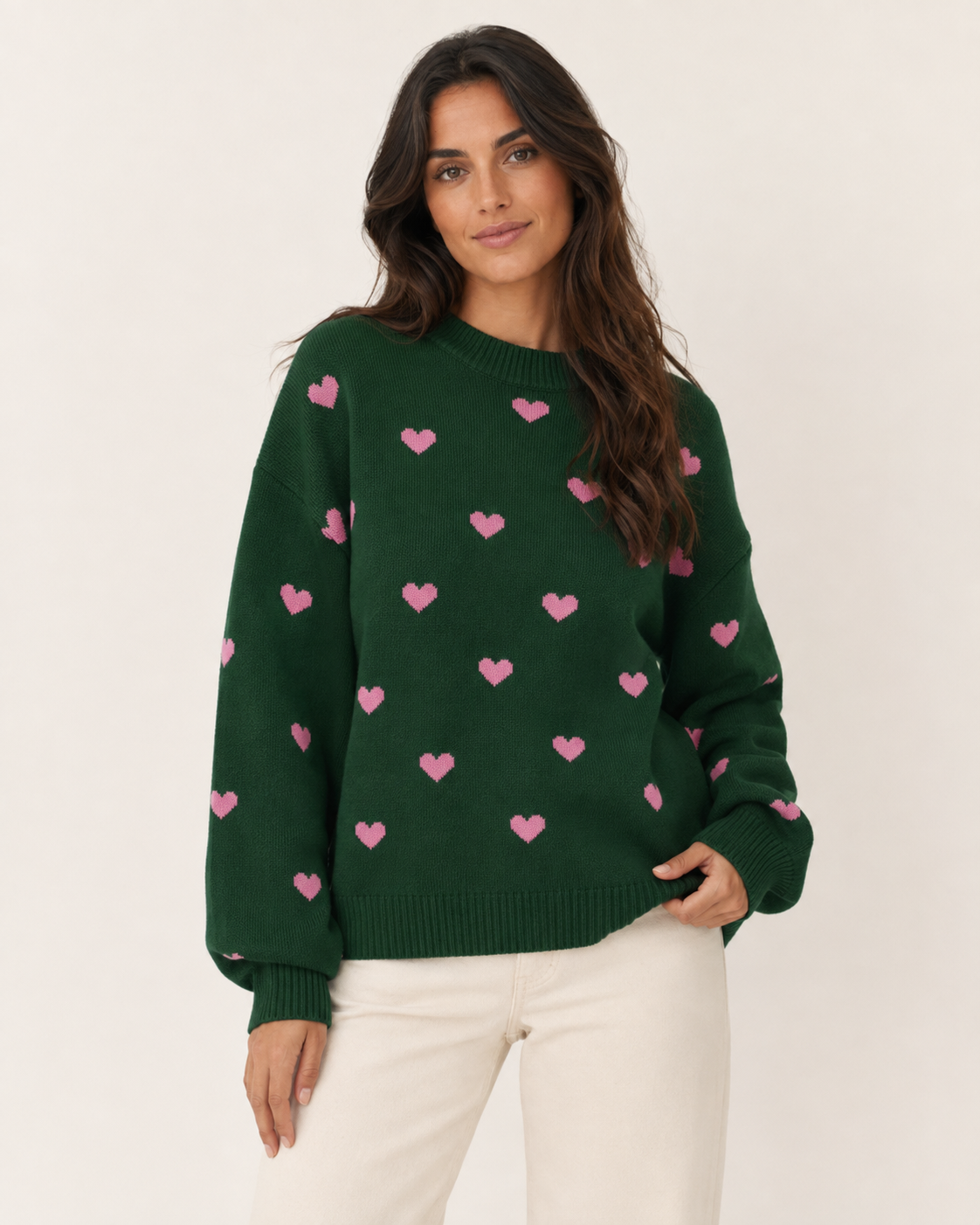 Pull femme col rond imprimé cœurs