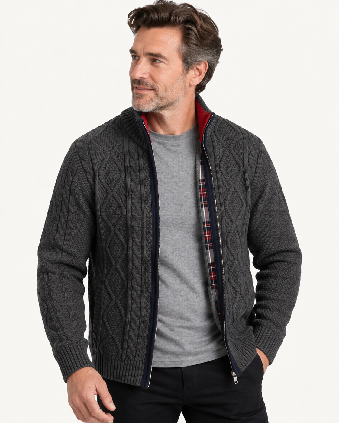 Cardigan homme doublé polaire, zippé à col montant