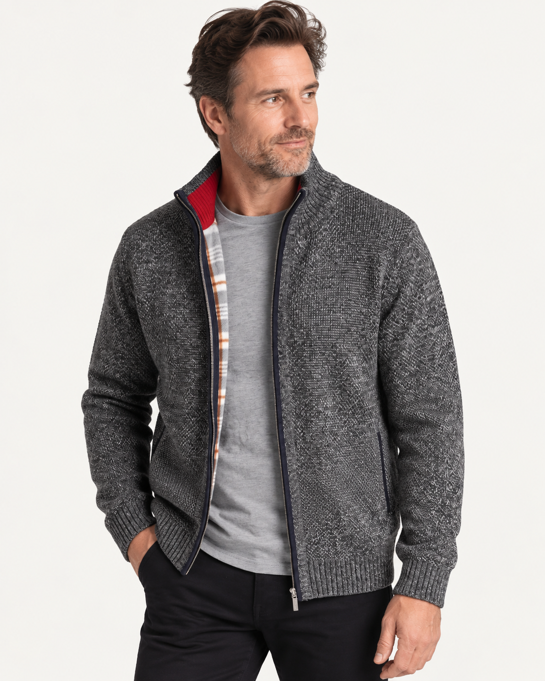 Cardigan homme doublé polaire, zippé à col montant