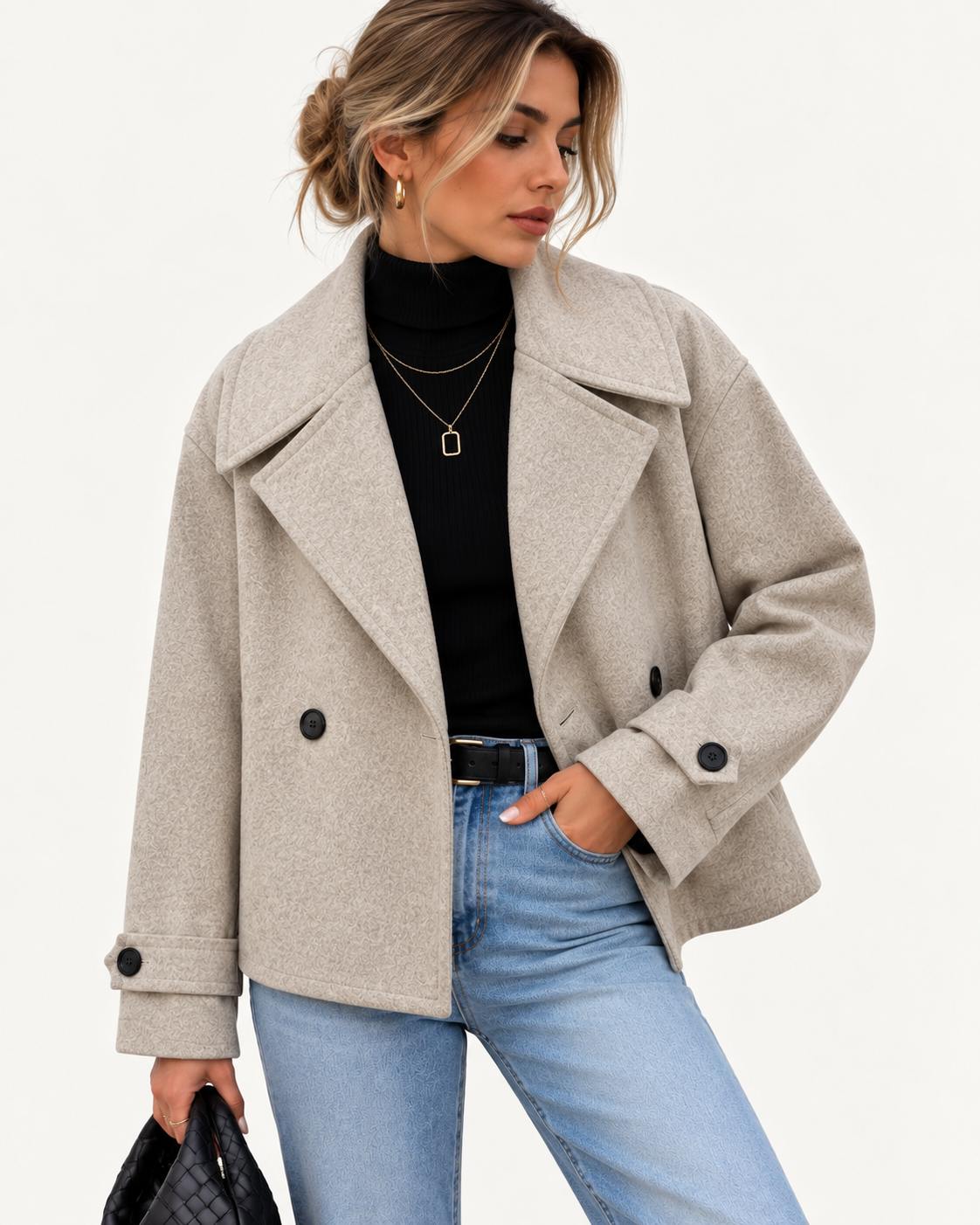 Manteau court femme en laine, double boutonnage