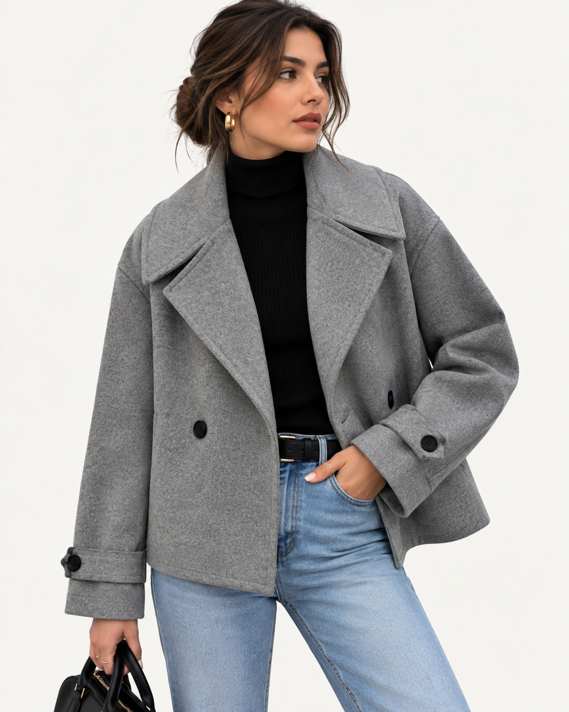 Manteau court femme en laine, double boutonnage