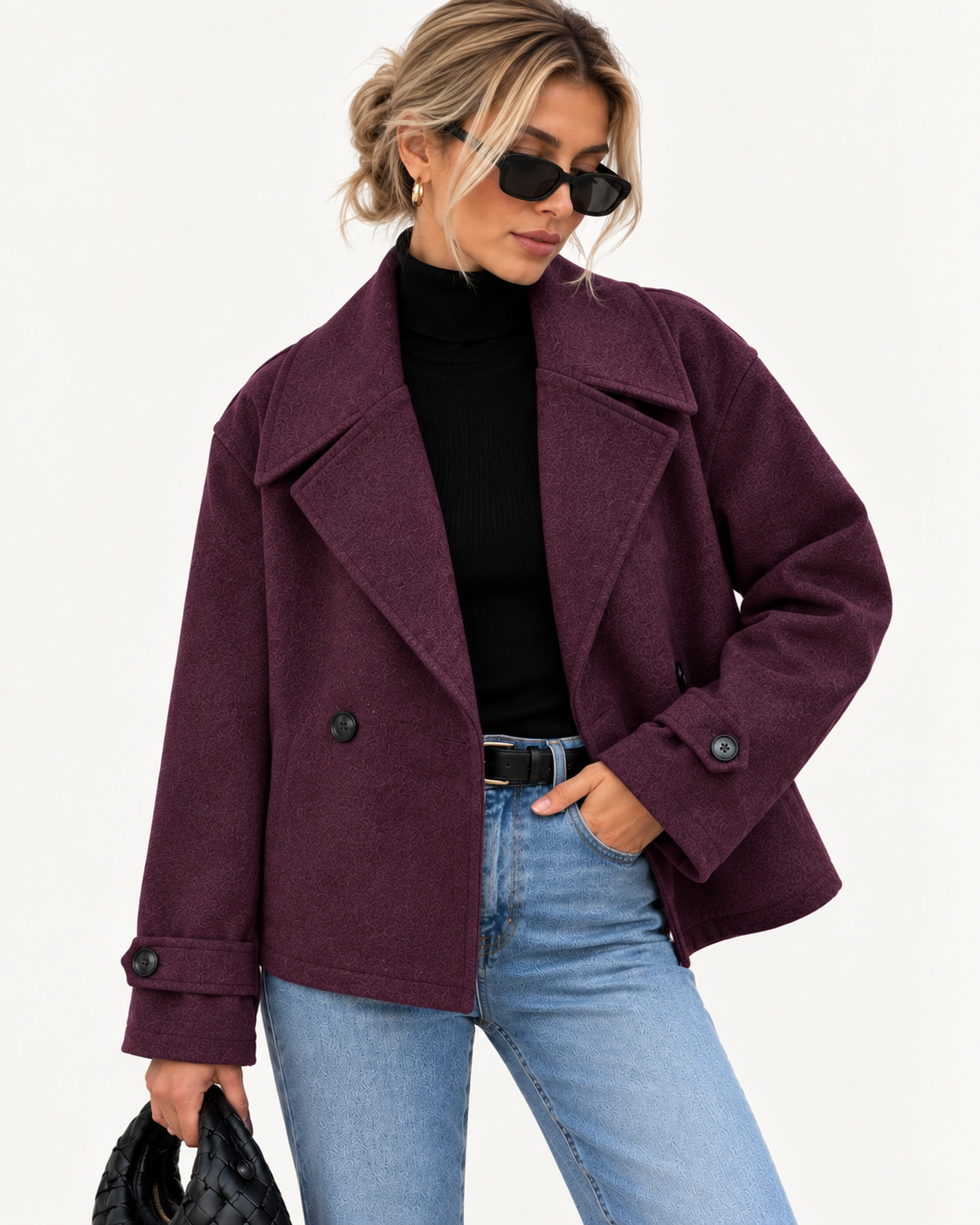 Manteau court femme en laine, double boutonnage