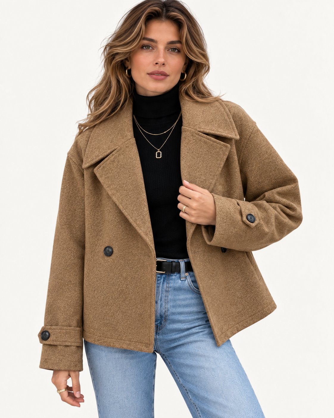 Manteau court femme en laine, double boutonnage
