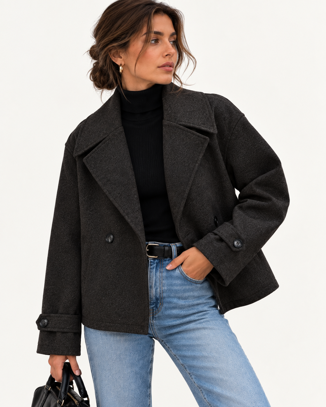 Manteau court femme en laine, double boutonnage