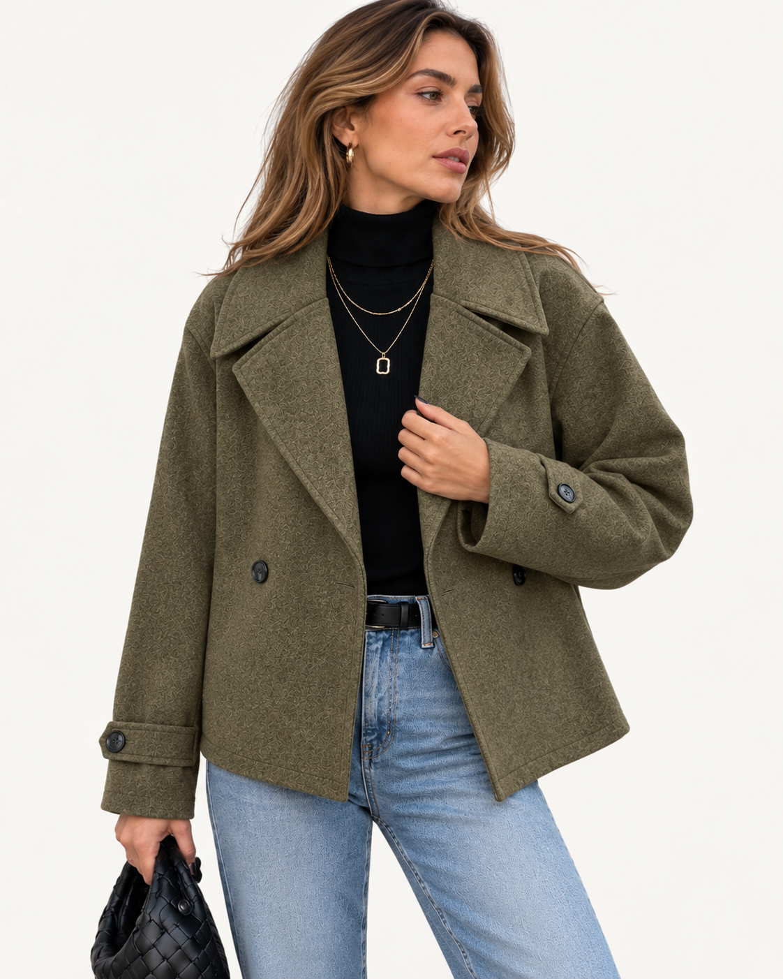 Manteau court femme en laine, double boutonnage