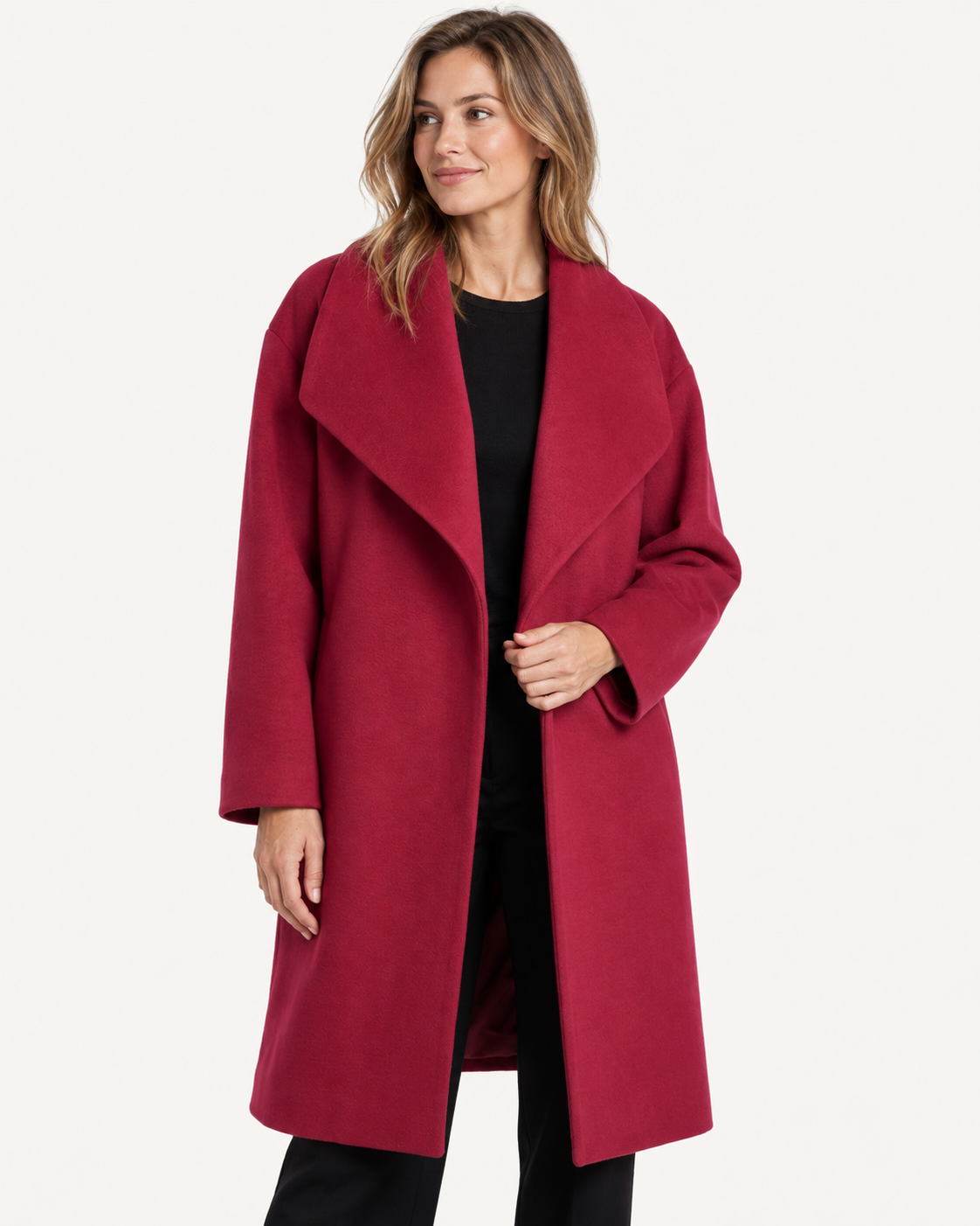 Manteau long femme en laine, col châle drapé