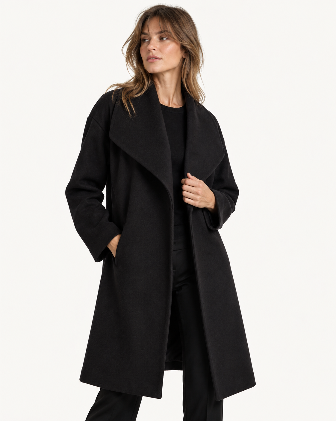 Manteau long femme en laine, col châle drapé