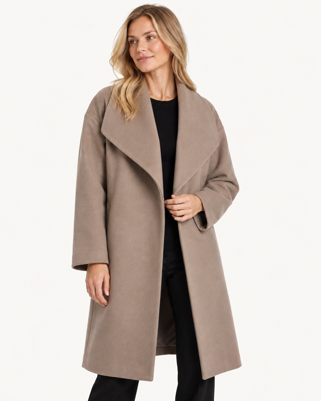 Manteau long femme en laine, col châle drapé