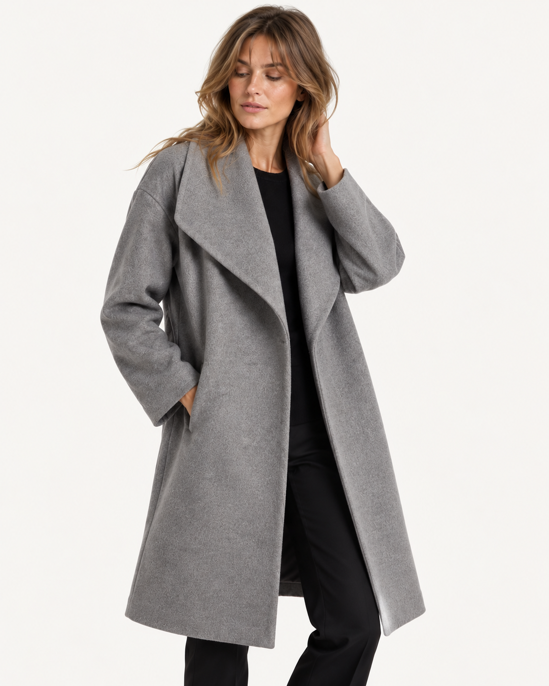 Manteau long femme en laine, col châle drapé