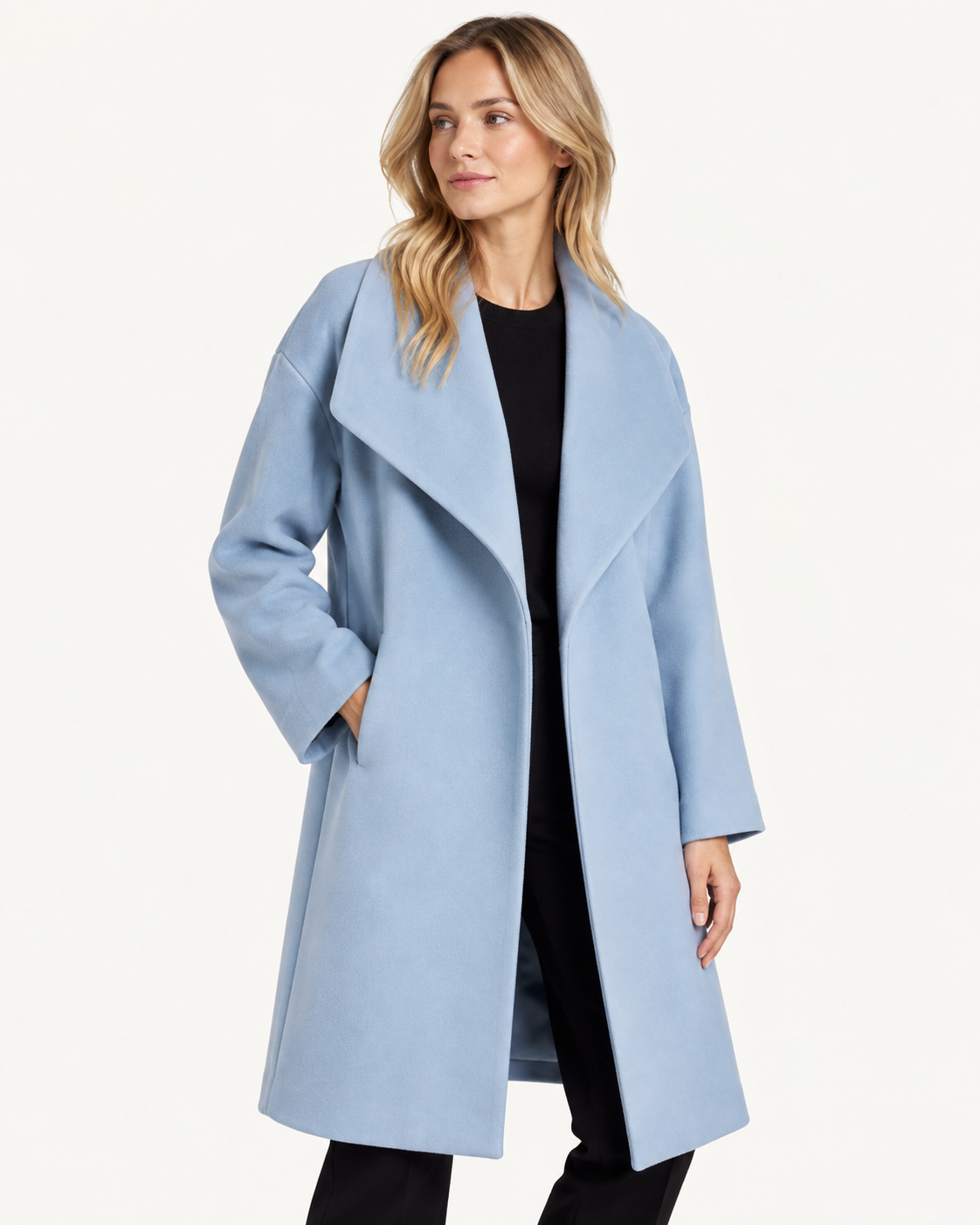 Manteau long femme en laine, col châle drapé