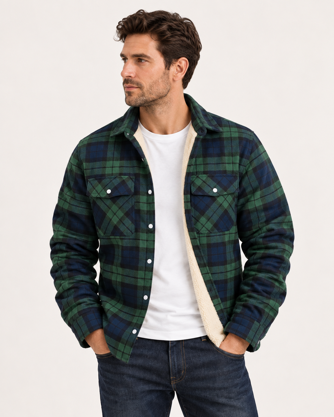 Veste à Carreaux Doublée en Sherpa pour Homme