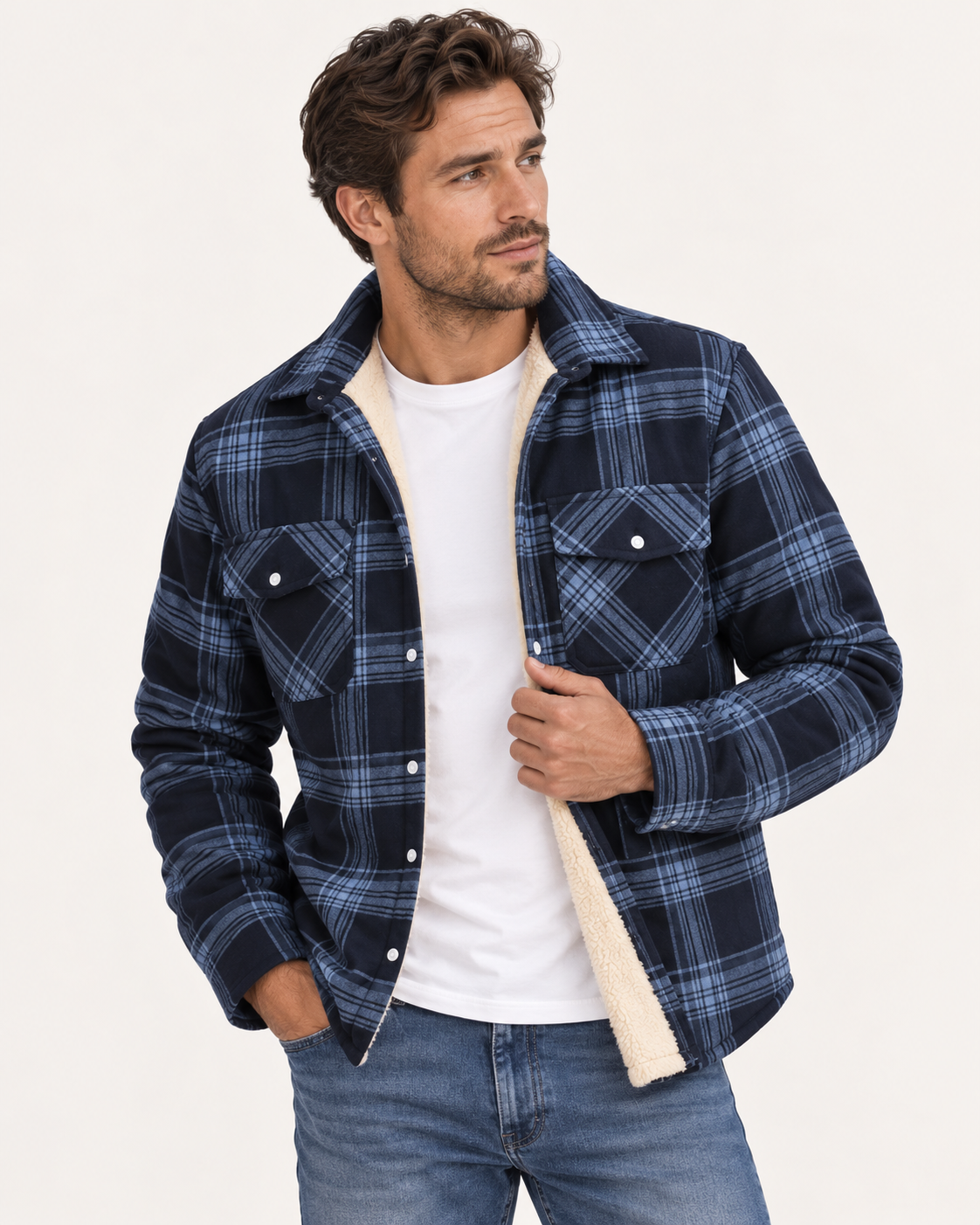 Veste à Carreaux Doublée en Sherpa pour Homme