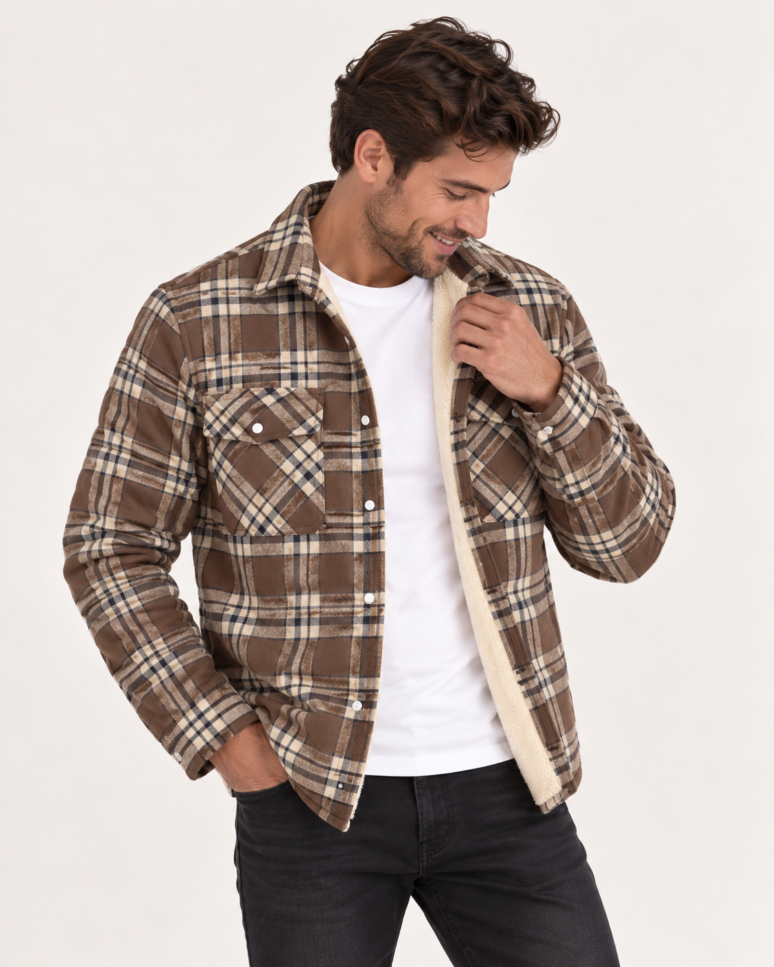 Veste à Carreaux Doublée en Sherpa pour Homme