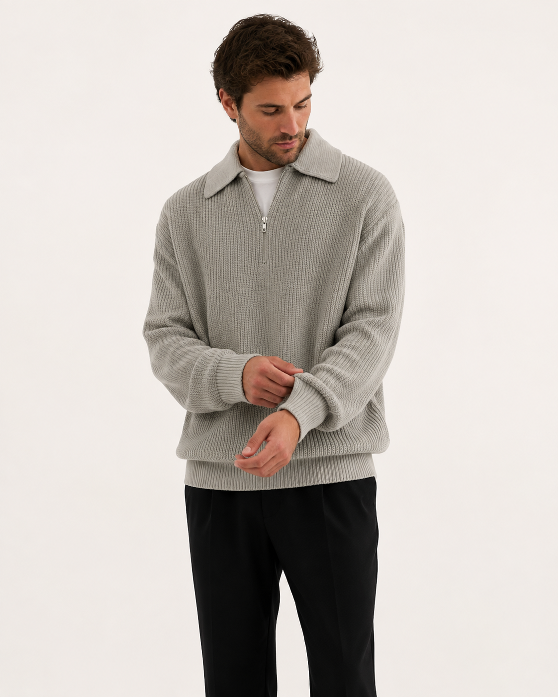 Pull homme col chemise zippé oversize