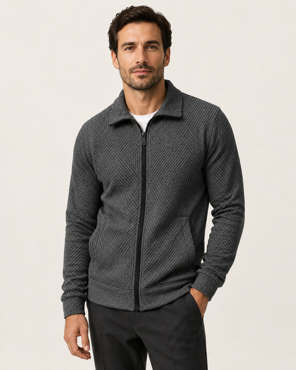 Veste homme col chemise zippée en maille texturée