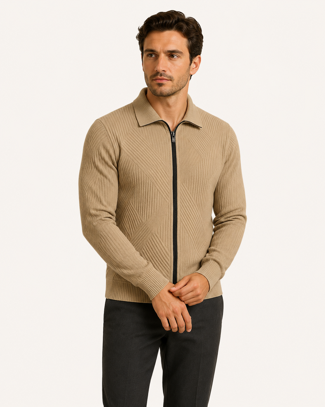 Veste homme col chemise zippée en maille texturée