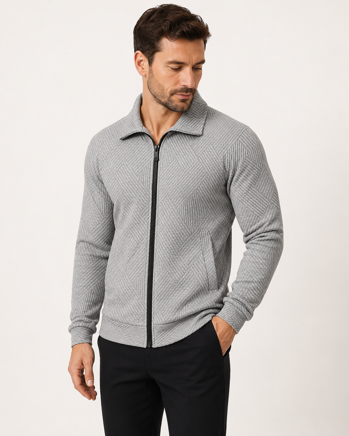 Veste homme col chemise zippée en maille texturée