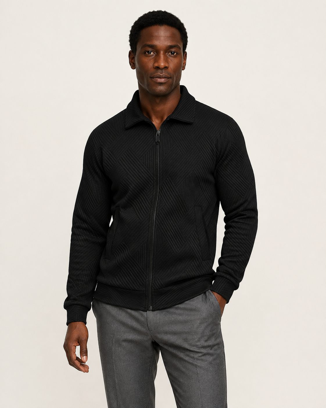 Veste homme col chemise zippée en maille texturée