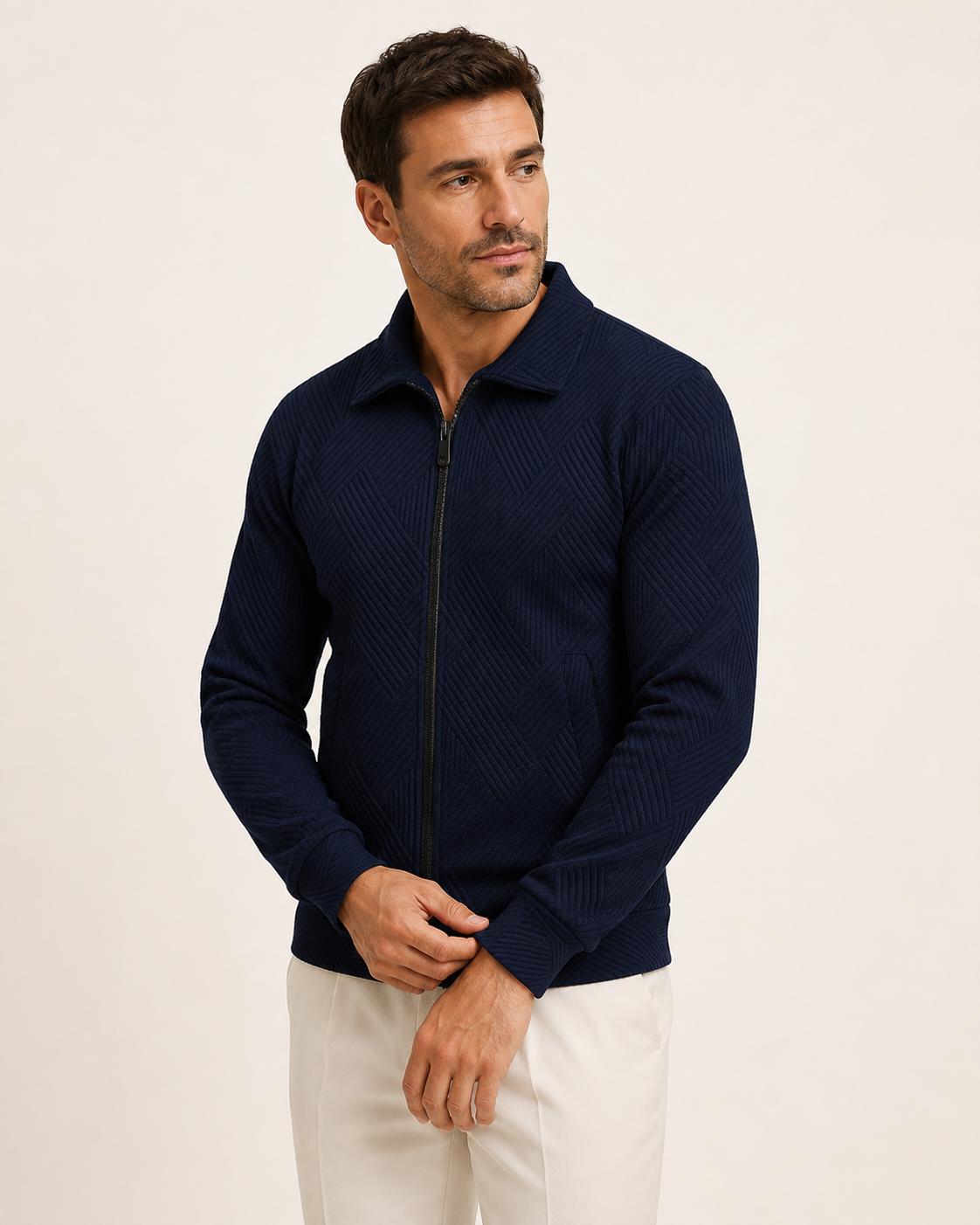 Veste homme col chemise zippée en maille texturée