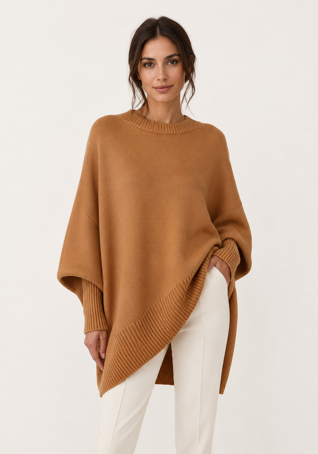 Pull femme oversize rose poudré à ourlet asymétrique