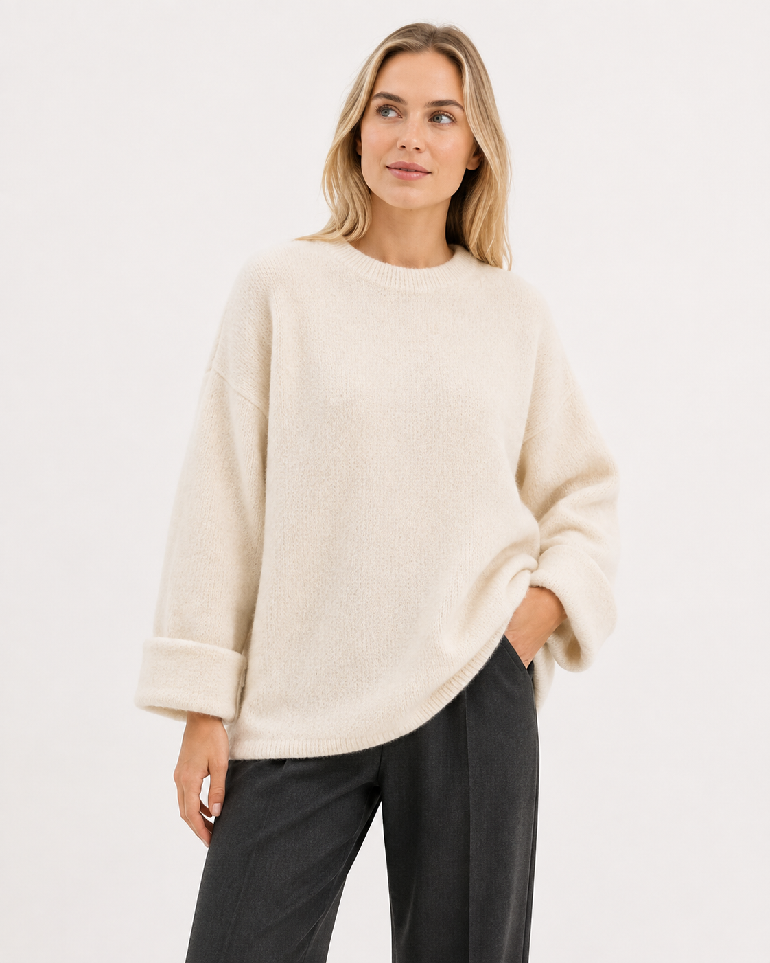 Pull femme col rond en mohair et laine, coupe décontractée