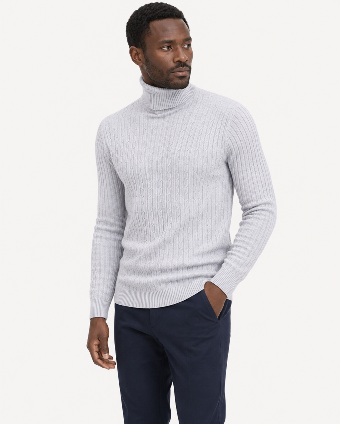 Pull homme col roulé en maille torsadée