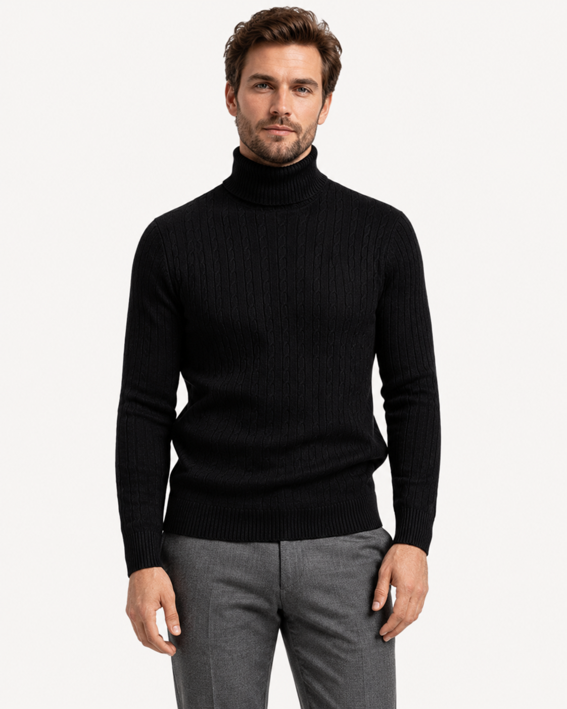Pull homme col roulé en maille torsadée