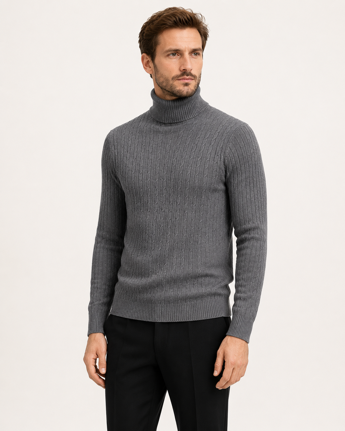 Pull homme col roulé en maille torsadée