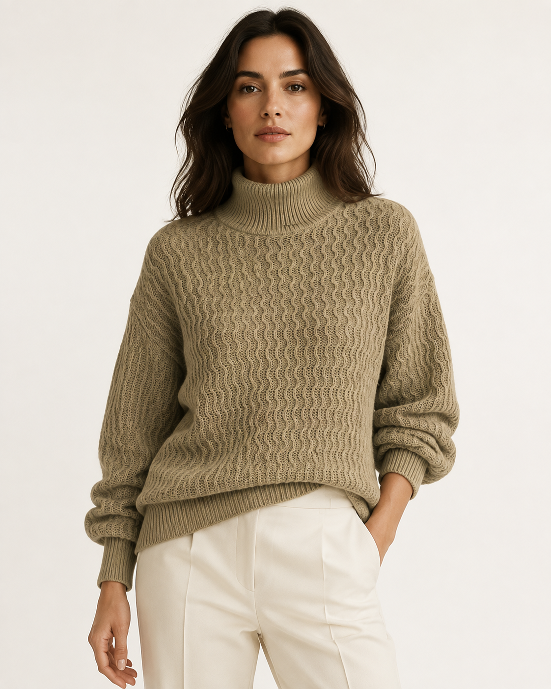 Pull femme col roulé en maille torsadée