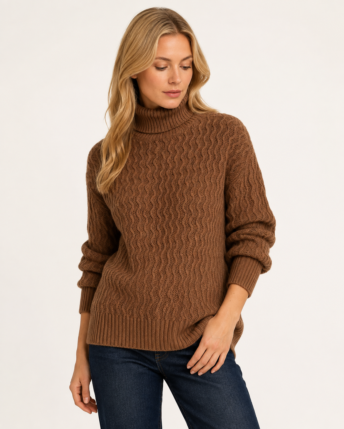 Pull femme col roulé en maille torsadée