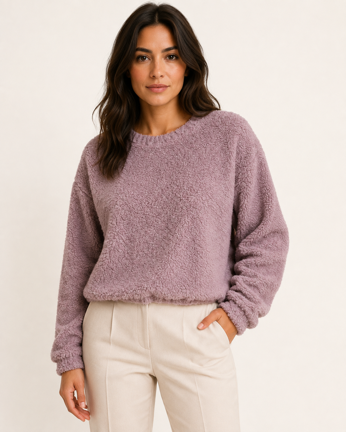 Pull peluche femme col rond oversize