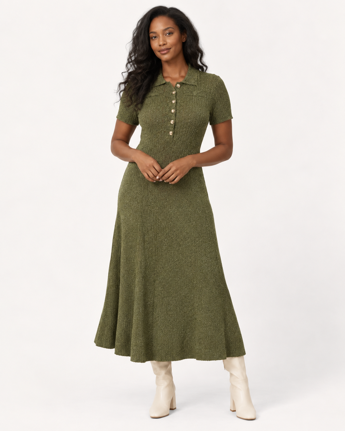 Robe mi-longue femme kaki en maille, col chemise boutonné