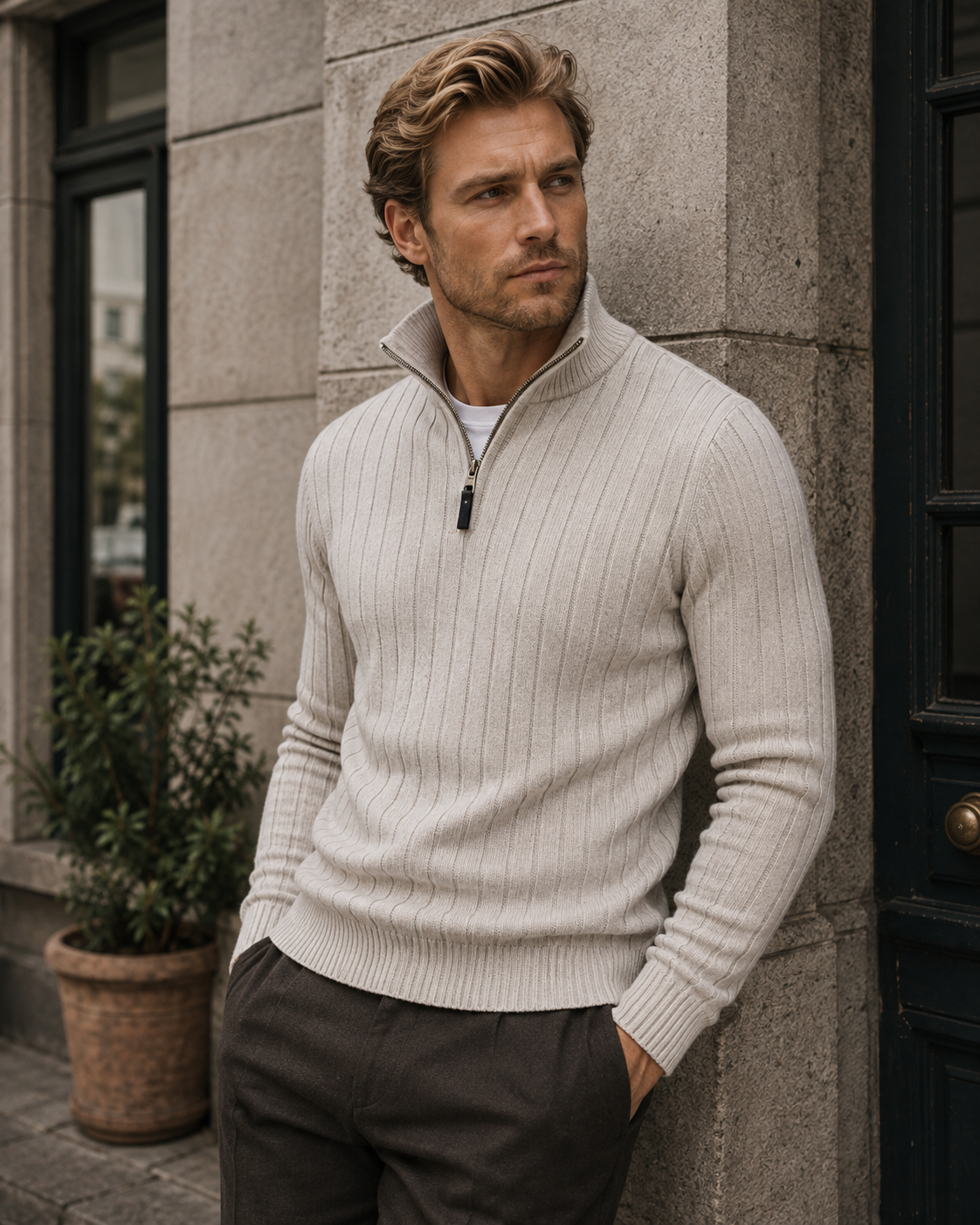 Pull homme col zippé en maille côtelée