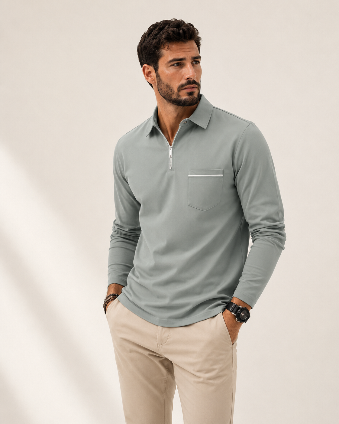 Polo homme manches longues col zippé