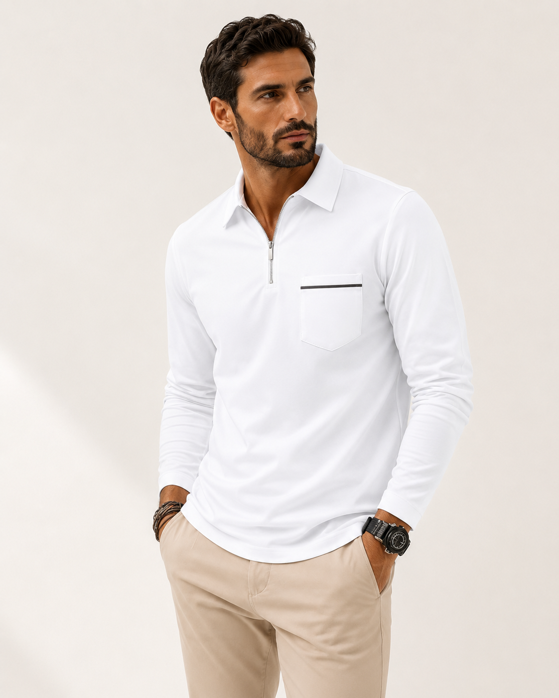 Polo homme manches longues col zippé