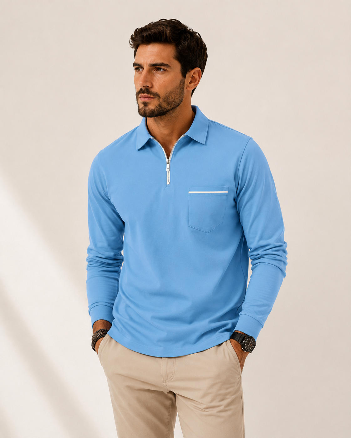 Polo homme manches longues col zippé
