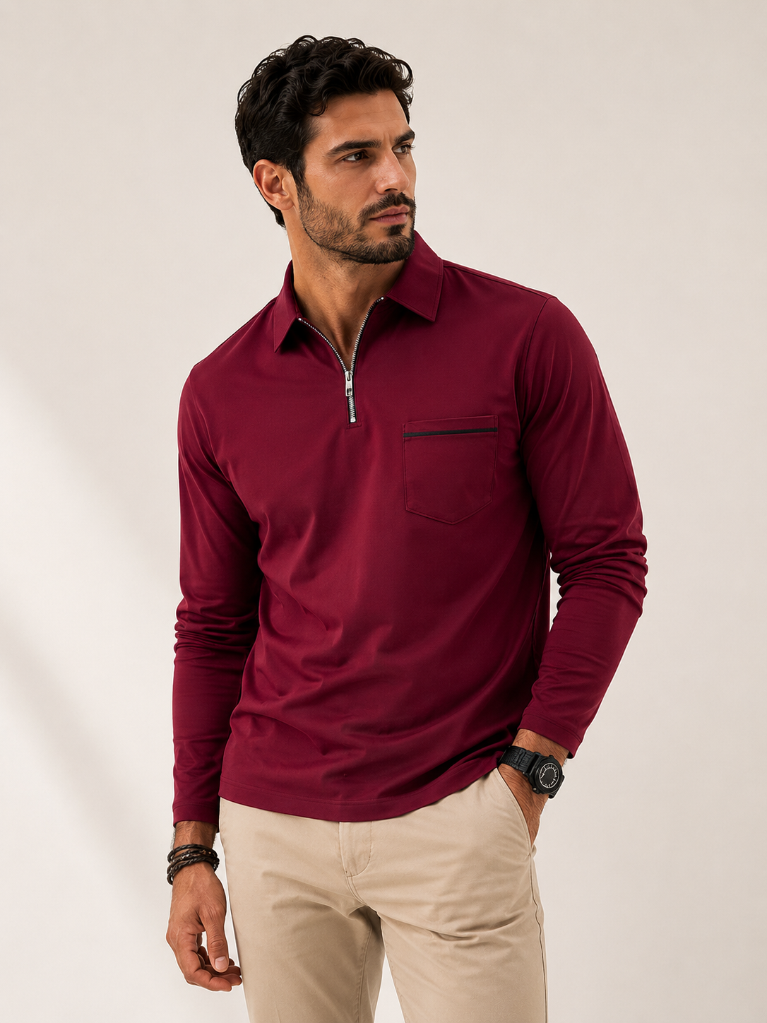 Polo homme manches longues col zippé