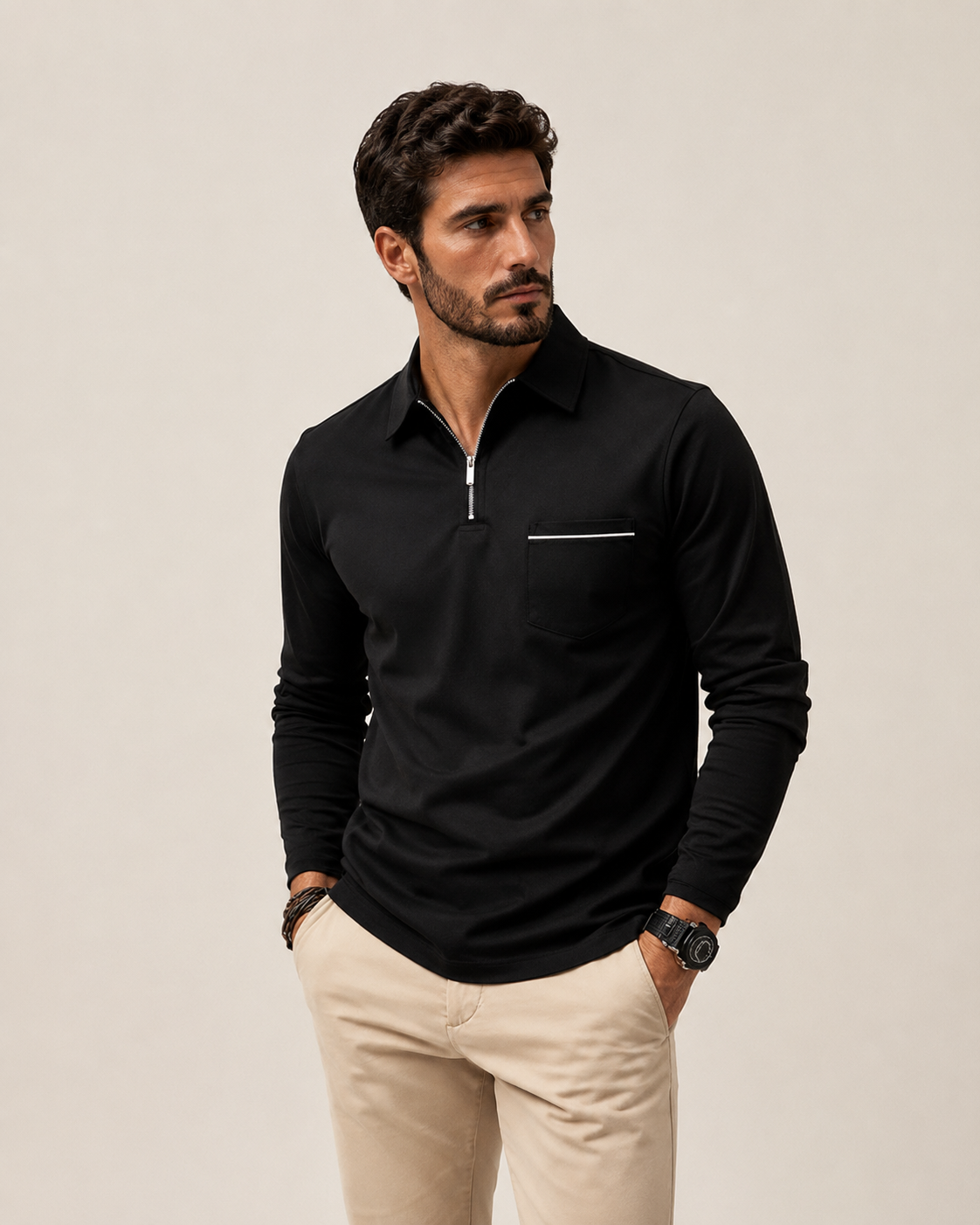 Polo homme manches longues col zippé