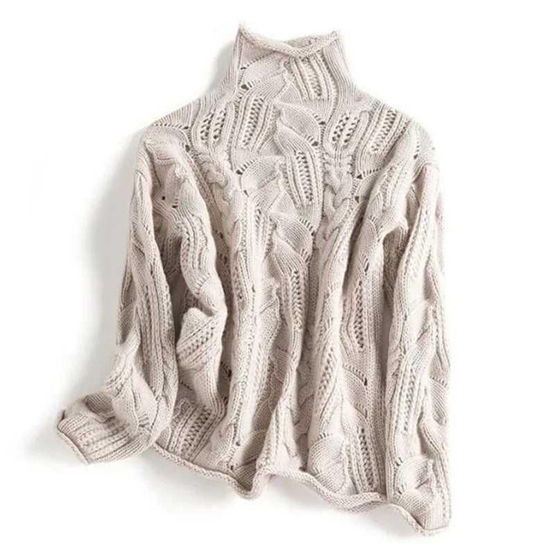 Pull femme col montant à maille ajourée