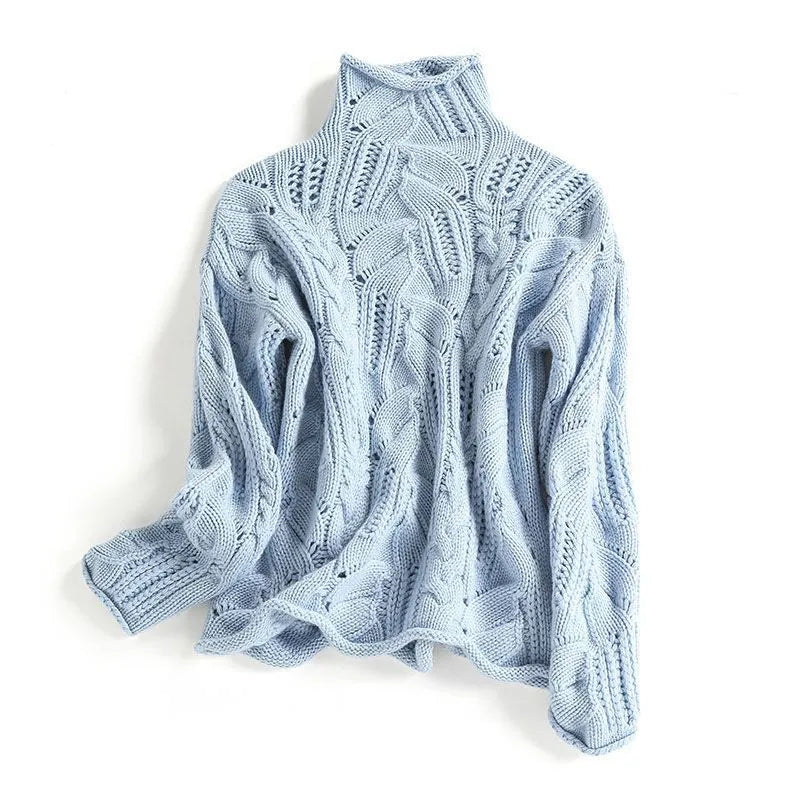 Pull femme col montant à maille ajourée